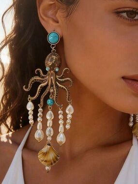 Ocean Breeze Octopus Pearl Statement Earrings |Turquoise & Shell Dangle Earrings